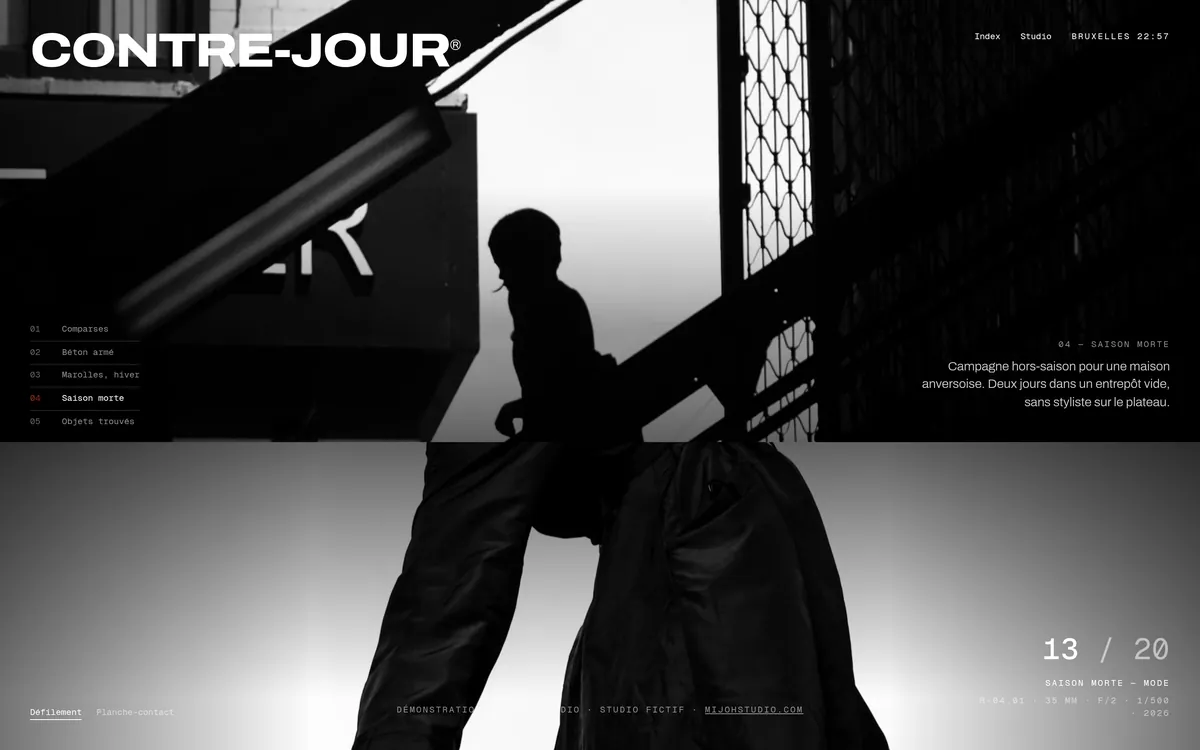 Écran du site de Contre-Jour, studio de photographie à Bruxelles&nbsp;: une photographie plein écran dans le défilement en pellicule.