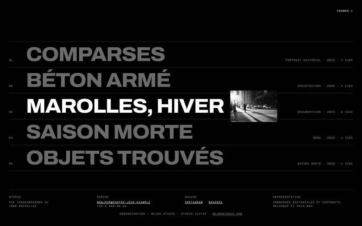 Écran du site Contre-Jour : l'index des cinq séries en grandes lettres