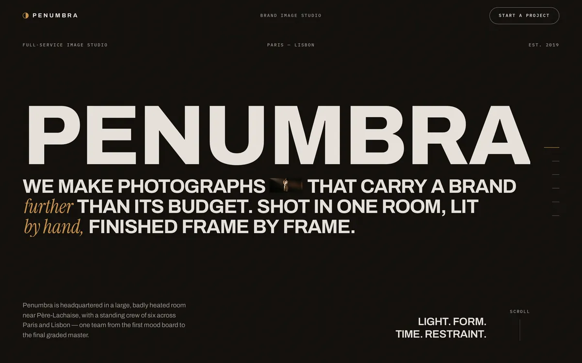 Page d'accueil du site de Penumbra, studio d'image de marque, posée devant les sites de Contre-Jour et de QUIET