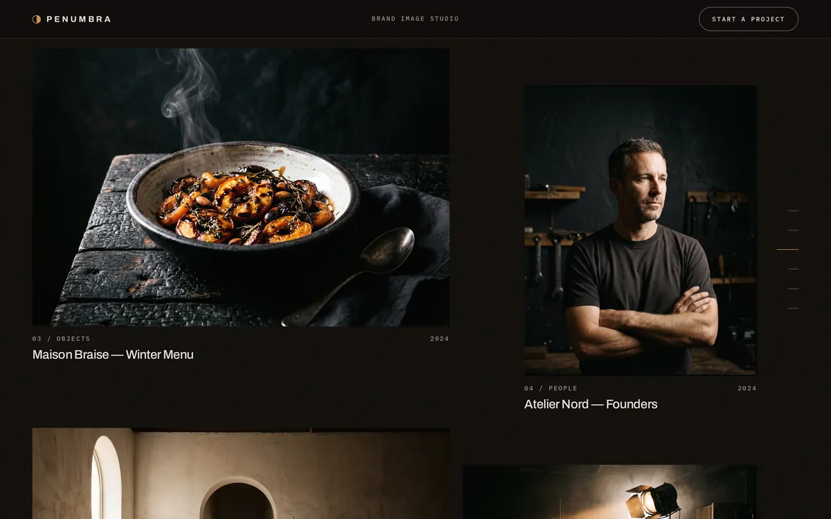 Écran du site Penumbra : la grille des travaux en grandes photos, un plat fumant et un portrait d'artisan