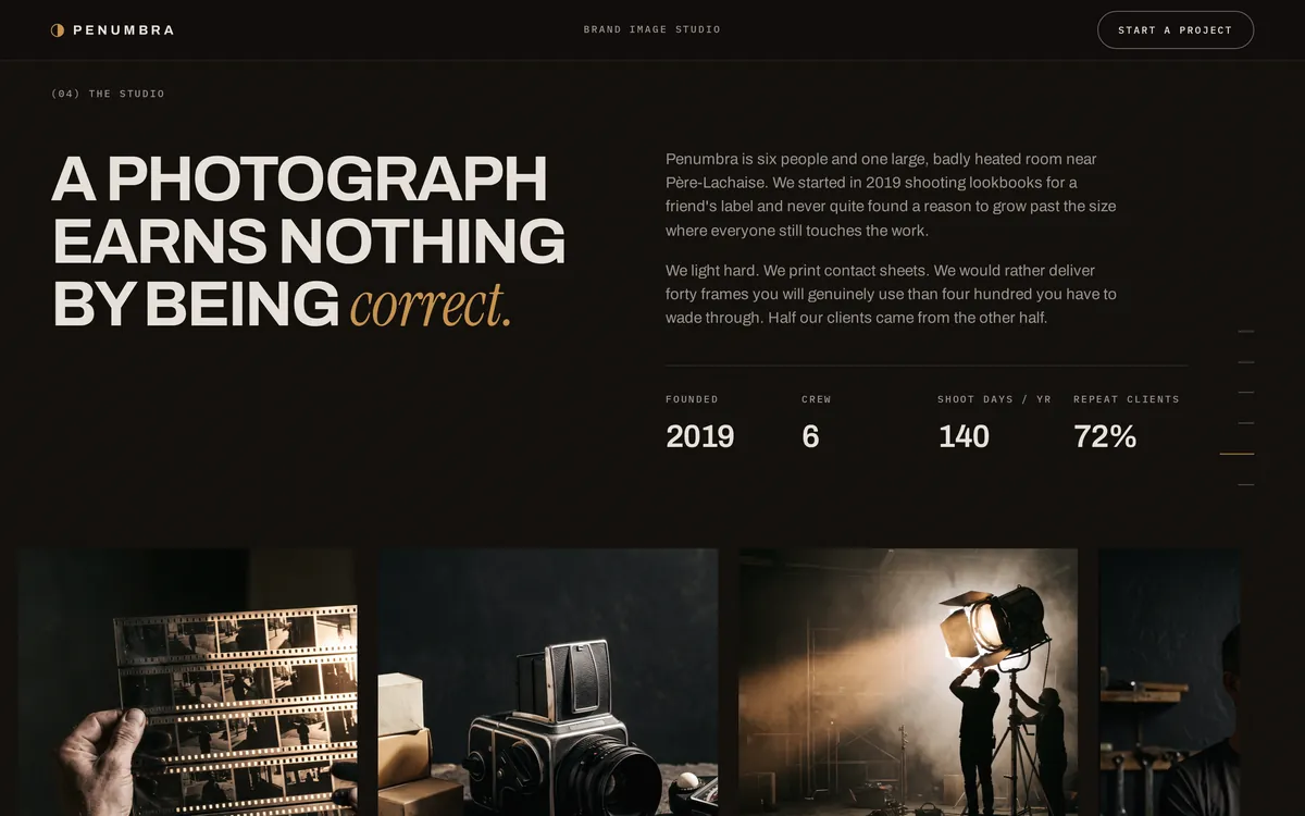 Écran du site Penumbra : la page qui présente le studio, avec des photos de plateau