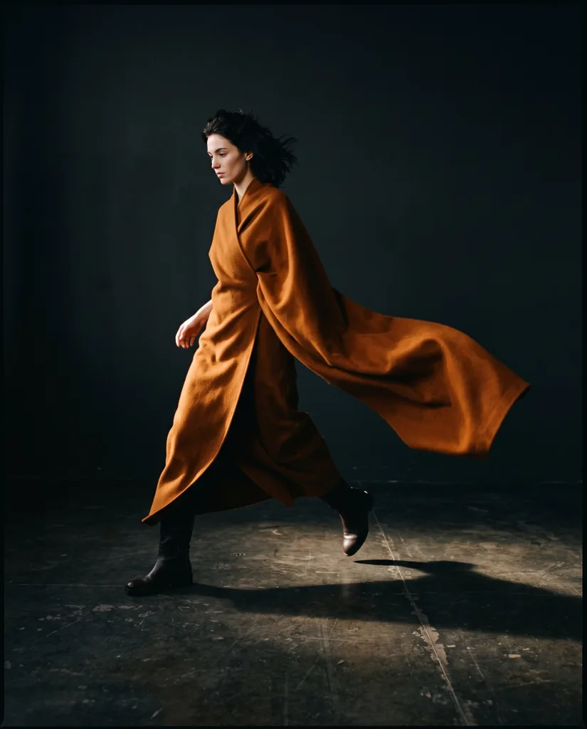 Photo de mode : femme en long manteau orange, saisie en mouvement sur fond sombre