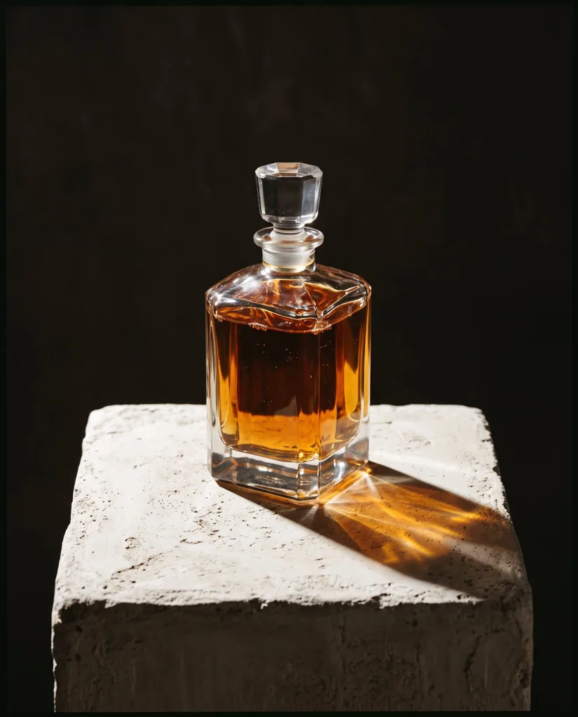 Nature morte : carafe de whisky posée sur un bloc de pierre, ombre portée dorée