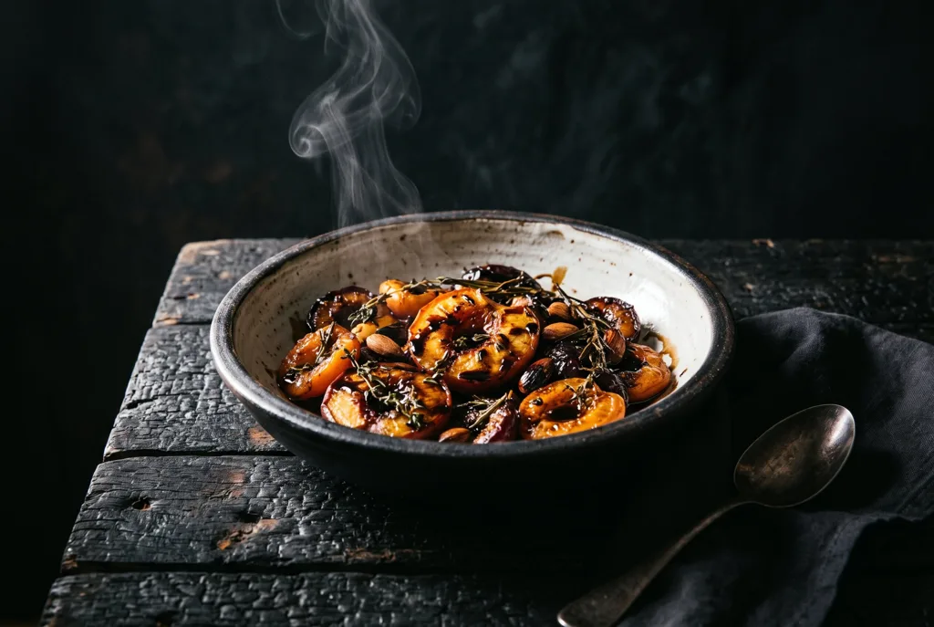 Photo culinaire : plat de légumes rôtis fumant sur une table de bois brûlé