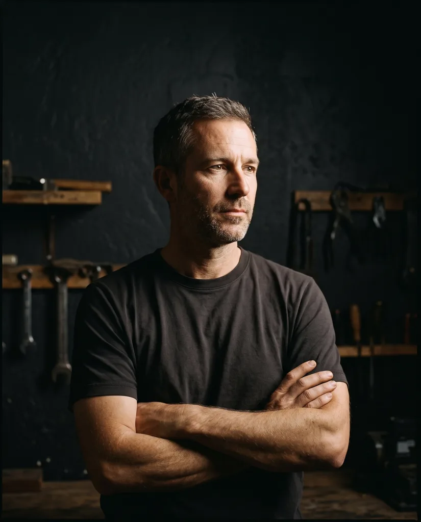 Portrait : homme bras croisés dans un atelier sombre
