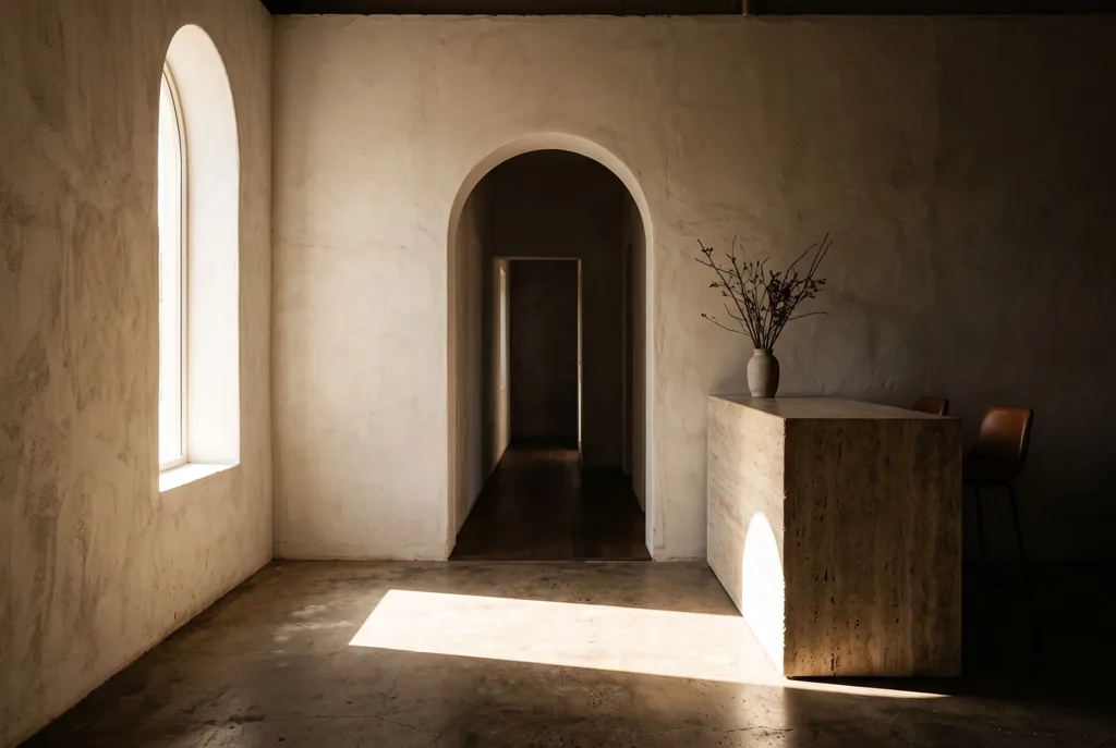 Photo de lieu : pièce aux murs clairs et à l'arche, traversée par une lumière rasante