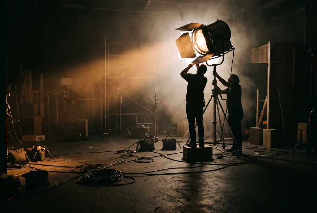 Photo de plateau : deux techniciens règlent un projecteur dans la fumée