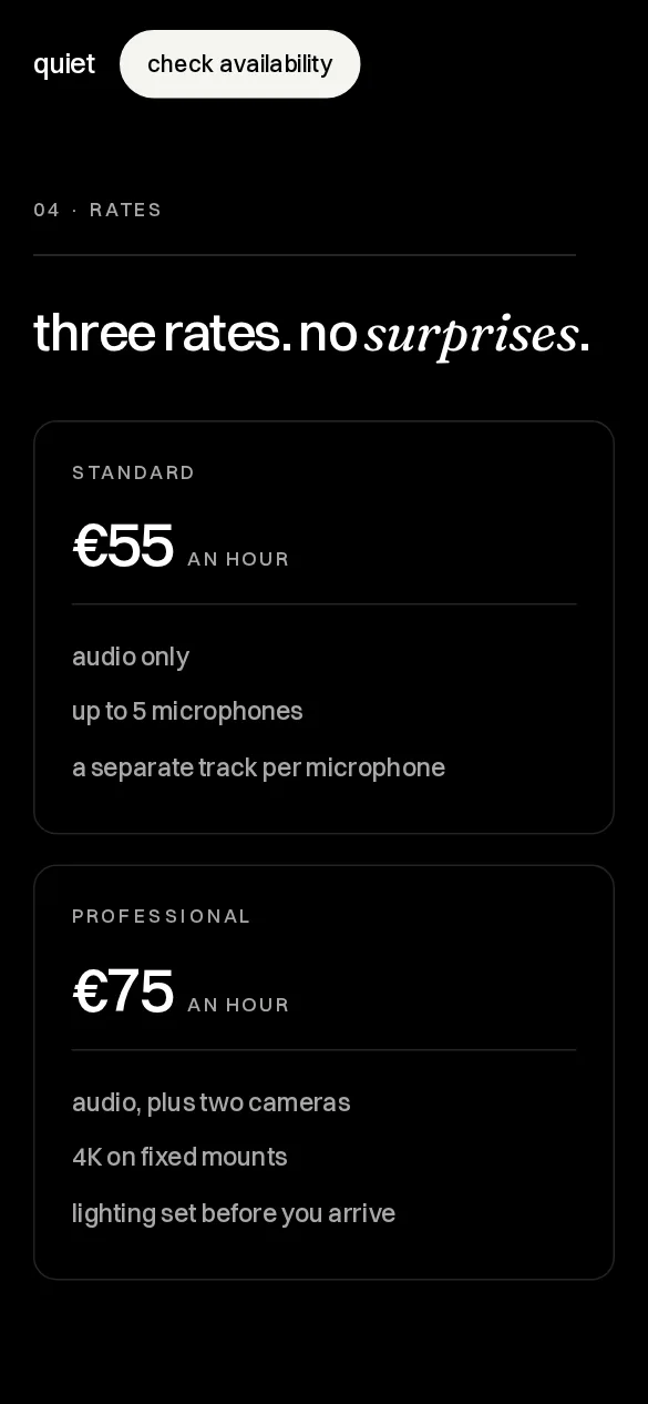 Le site QUIET sur téléphone : les tarifs à l'heure, en cartes