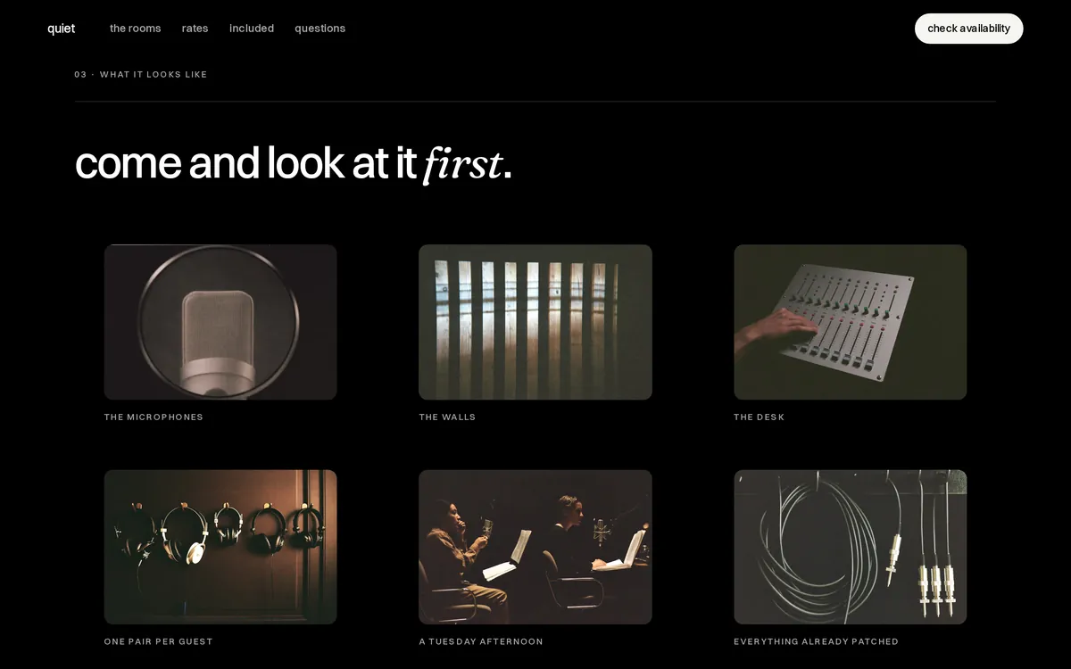 Page du matériel du site QUIET : micros, murs acoustiques, console, casques et câbles en vignettes
