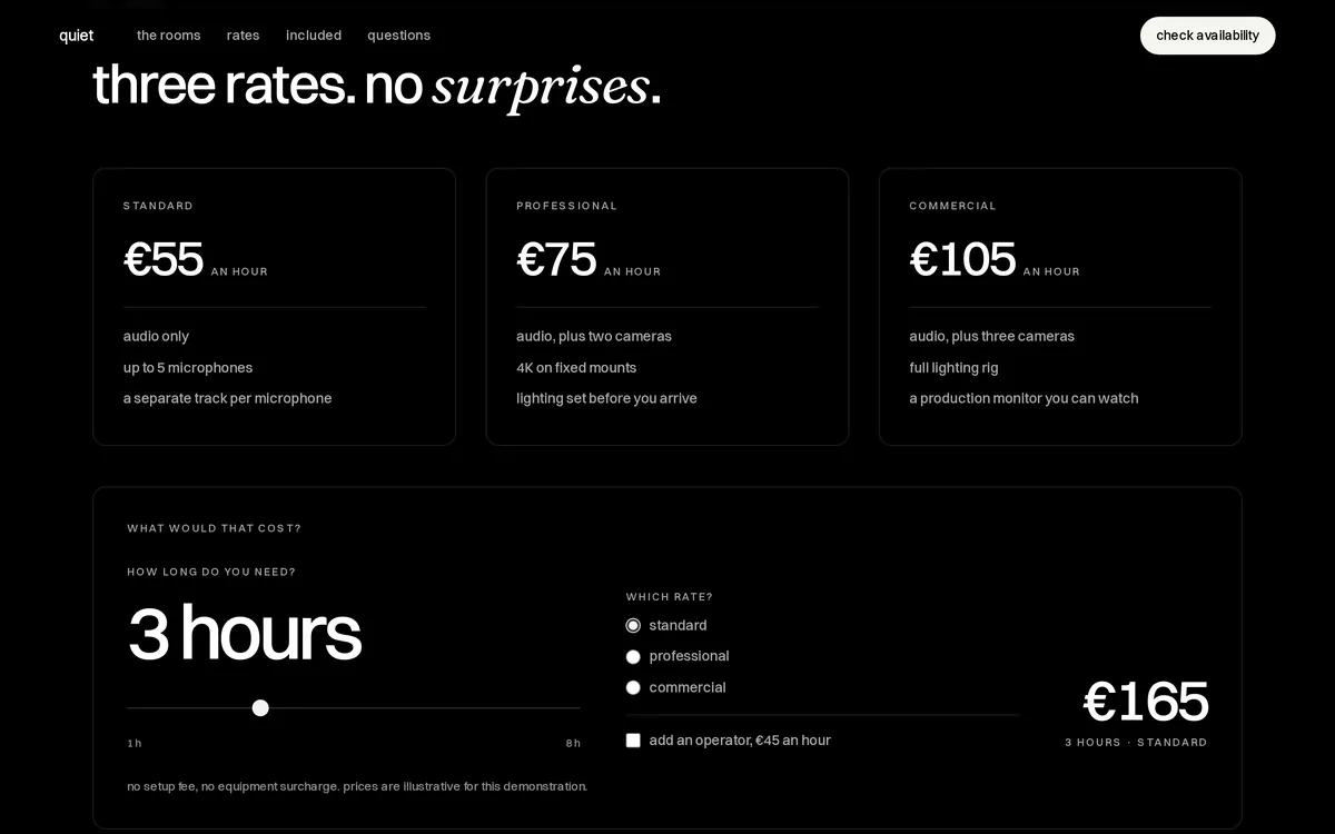 Écran du site QUIET : les trois tarifs à l'heure et l'estimation du prix selon la durée