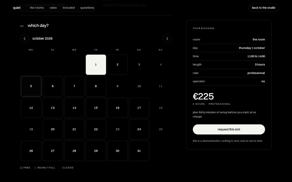 Écran du site QUIET : le calendrier de réservation et le récapitulatif de la demande